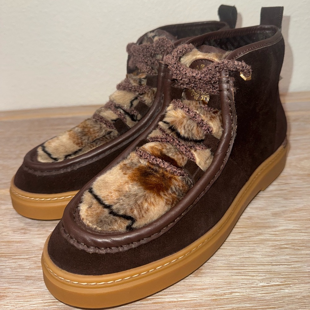 Cole Haan All-Day Summit Chukka Bootie Dark Chocolate Brown Plaid Faux Fur 8.5